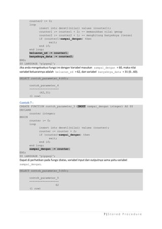 counter2 := 0;
        loop
              insert into deret1(nilai) values (counter1);
              counter1 := counter1 + 2; -- memasukkan nilai genap
              counter2 := counter2 + 1; -- menghitung banyaknya iterasi
              if (counter1>sampai_dengan) then
                    exit;
              end if;
        end loop;
        keluaran_sd := counter1;
        banyaknya_data := counter2;
END;
$$ LANGUAGE 'plpgsql';
Jika anda mengeksekusi fungsi ini dengan Variabel masukan sampai_dengan = 60, maka nilai
variabel keluarannya adalah keluaran_sd = 62, dan variabel banyaknya_data = 31 (0...60).

SELECT contoh_parameter_4(60);

        contoh_parameter_4
        ------------------
              (62,31)
        (1 row)

Contoh 7 :
CREATE FUNCTION contoh_parameter_5 (INOUT sampai_dengan integer) AS $$
DECLARE
      counter integer;
BEGIN
      counter := 0;
      loop
            insert into deret1(nilai) values (counter);
            counter := counter + 2;
            if (counter>sampai_dengan) then
                  exit;
            end if;
      end loop;
      sampai_dengan := counter;
END;
$$ LANGUAGE 'plpgsql';
Dapat di perhatikan pada fungsi diatas, variabel input dan outputnya sama yaitu variabel
sampai_dengan.

SELECT contoh_parameter_5(60);

        contoh_parameter_5
        ------------------
                        62
        (1 row)




                                                                    7|S tored Proc edure
 