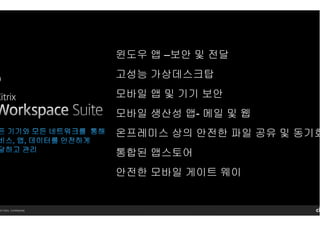 14 Citrix. Confidential.
윈도우 앱 –보안 및 전달
고성능 가상데스크탑
모바일 앱 및 기기 보안
모바일 생산성 앱- 메일 및 웹
온프레미스 상의 안전한 파일 공유 및 동기화
통합된 앱스토어
안전한 모바일 게이트 웨이
 