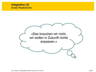 Seite 21Unic Fokustag - Tag Management System bei der Post, 31.03.2015
Integration (2)
Erste Reaktionen
«Das brauchen wir nicht,
wir wollen in Zukunft nichts
anpassen.»
 