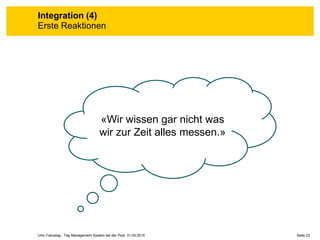 Seite 23Unic Fokustag - Tag Management System bei der Post, 31.03.2015
Integration (4)
Erste Reaktionen
«Wir wissen gar nicht was
wir zur Zeit alles messen.»
 