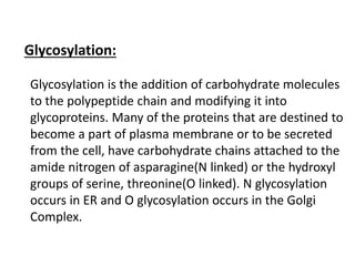 Glycosylation:
Glycosylation is the addition of carbohydrate molecules
to the polypeptide chain and modifying it into
glycoproteins. Many of the proteins that are destined to
become a part of plasma membrane or to be secreted
from the cell, have carbohydrate chains attached to the
amide nitrogen of asparagine(N linked) or the hydroxyl
groups of serine, threonine(O linked). N glycosylation
occurs in ER and O glycosylation occurs in the Golgi
Complex.
 