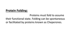 Proteins must fold to assume
their functional state. Folding can be spontaneous
or facilitated by proteins known as Cheperones.
Protein Folding:
 