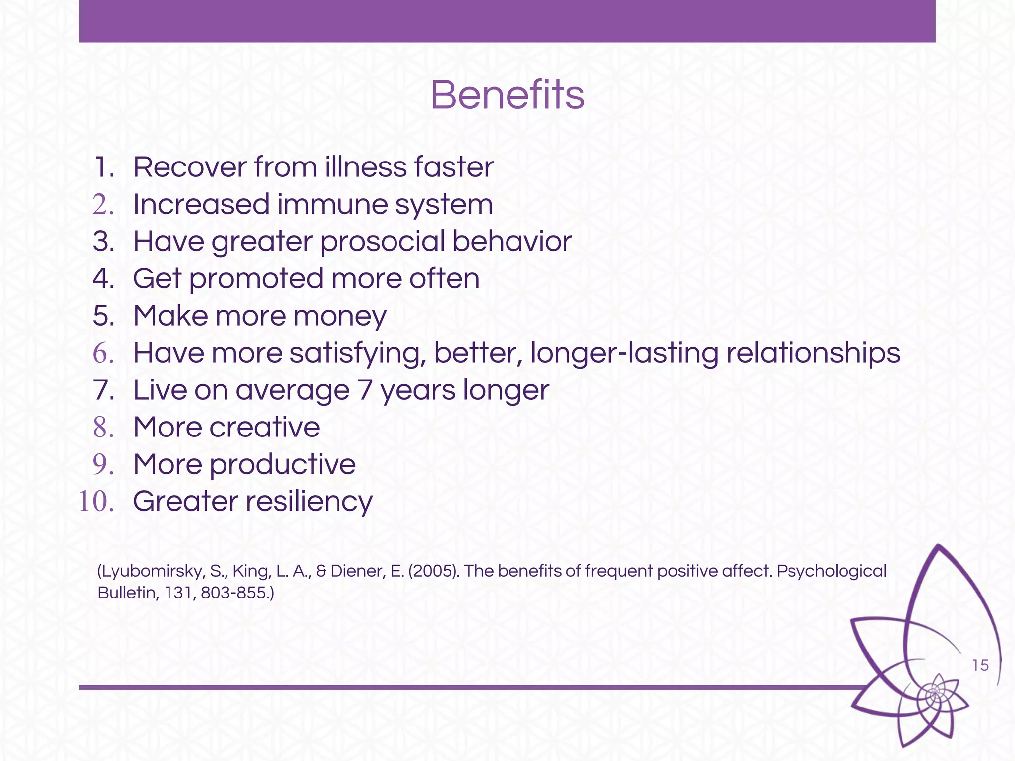 15
Benefits
1. Recover from illness faster
2. Increased immune system
3. Have greater prosocial behavior
4. Get promoted more often
5. Make more money
6. Have more satisfying, better, longer-lasting relationships
7. Live on average 7 years longer
8. More creative
9. More productive
10. Greater resiliency
(Lyubomirsky, S., King, L. A., & Diener, E. (2005). The benefits of frequent positive affect. Psychological
Bulletin, 131, 803-855.)
 