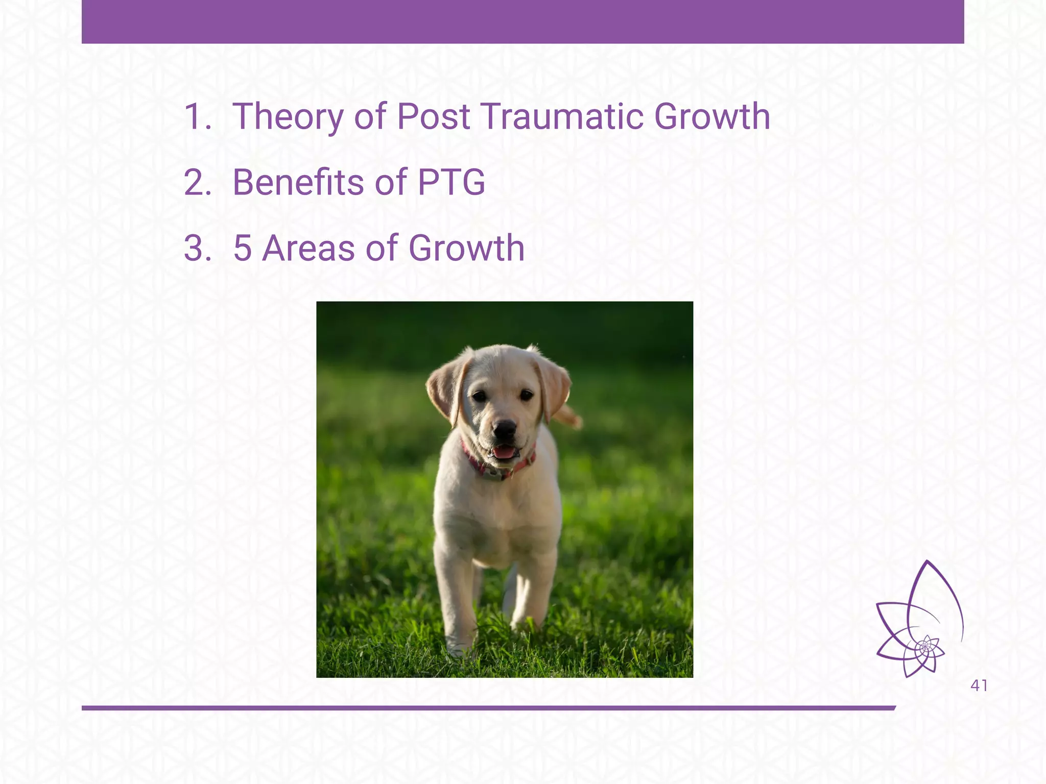 41
1. Theory of Post Traumatic Growth
2. Beneﬁts of PTG
3. 5 Areas of Growth
 