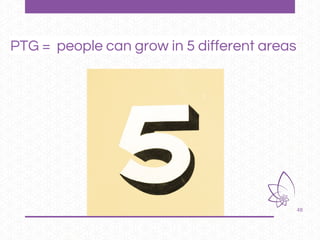 48
PTG = people can grow in 5 different areas
 
