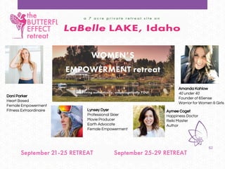 62
Dani Parker
Heart Based
Female Empowerment
Fitness Extraordinaire
Amanda Kahlow
40 under 40
Founder of 6Sense
Warrior for Women & Girls
Lynsey Dyer
Professional Skier
Movie Producer
Earth Advocate
Female Empowerment
Aymee Coget
Happiness Doctor
Reiki Master
Author
 