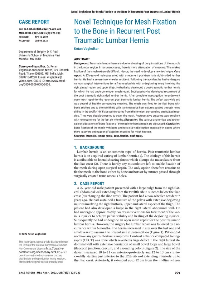 Novel Technique for Mesh Fixation to the Bone in Recurrent Post Traumatic Lumbar Hernia