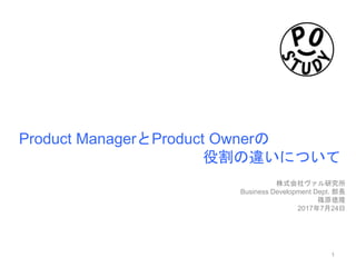 Product ManagerとProduct Ownerの
役割の違いについて
株式会社ヴァル研究所
Business Development Dept. 部長
篠原徳隆
2017年7月24日
1
 