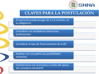 CLAVES PARA LA POSTULACIÓN
El aspirante puede escoger de 1 a 5 carreras, no
es obligatorio

Considerar sus verdaderas intenciones
profesionales


Considerar el tipo de financiamiento de la IES


Analizar con sus padres las posibilidades
existentes

Familiarizarse con el proceso a través del apoyo
del consejero estudiantil
 