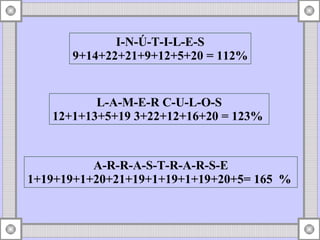 A-R-R-A-S-T-R-A-R-S-E 1+19+19+1+20+21+19+1+19+1+19+20+5= 165  %  I-N-Ú-T-I-L-E-S 9+14+22+21+9+12+5+20 = 112% L-A-M-E-R C-U-L-O-S 12+1+13+5+19 3+22+12+16+20 = 123%  
