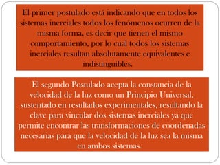 El primer postulado está indicando que en todos los
sistemas inerciales todos los fenómenos ocurren de la
      misma forma, es decir que tienen el mismo
    comportamiento, por lo cual todos los sistemas
    inerciales resultan absolutamente equivalentes e
                     indistinguibles. 

     El segundo Postulado acepta la constancia de la
    velocidad de la luz como un Principio Universal,
 sustentado en resultados experimentales, resultando la
    clave para vincular dos sistemas inerciales ya que
permite encontrar las transformaciones de coordenadas
 necesarias para que la velocidad de la luz sea la misma
                   en ambos sistemas. 
 