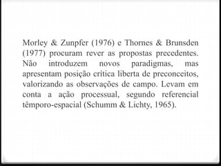 Morley & Zunpfer (1976) e Thornes & Brunsden
(1977) procuram rever as propostas precedentes.
Não introduzem novos paradigmas, mas
apresentam posição crítica liberta de preconceitos,
valorizando as observações de campo. Levam em
conta a ação processual, segundo referencial
têmporo-espacial (Schumm & Lichty, 1965).
 
