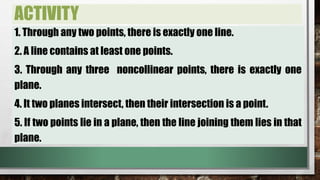 ACTIVITY
1. Through any two points, there is exactly one line.
2. A line contains at least one points.
3. Through any three noncollinear points, there is exactly one
plane.
4. It two planes intersect, then their intersection is a point.
5. If two points lie in a plane, then the line joining them lies in that
plane.
 