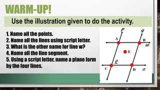 WARM-UP!
Use the illustration given to do the activity.
1. Name all the points.
2. Name all the lines using script letter.
3. What is the other name for line w?
4. Name all the line segment.
5. Using a script letter, name a plane form
by the four lines.
 