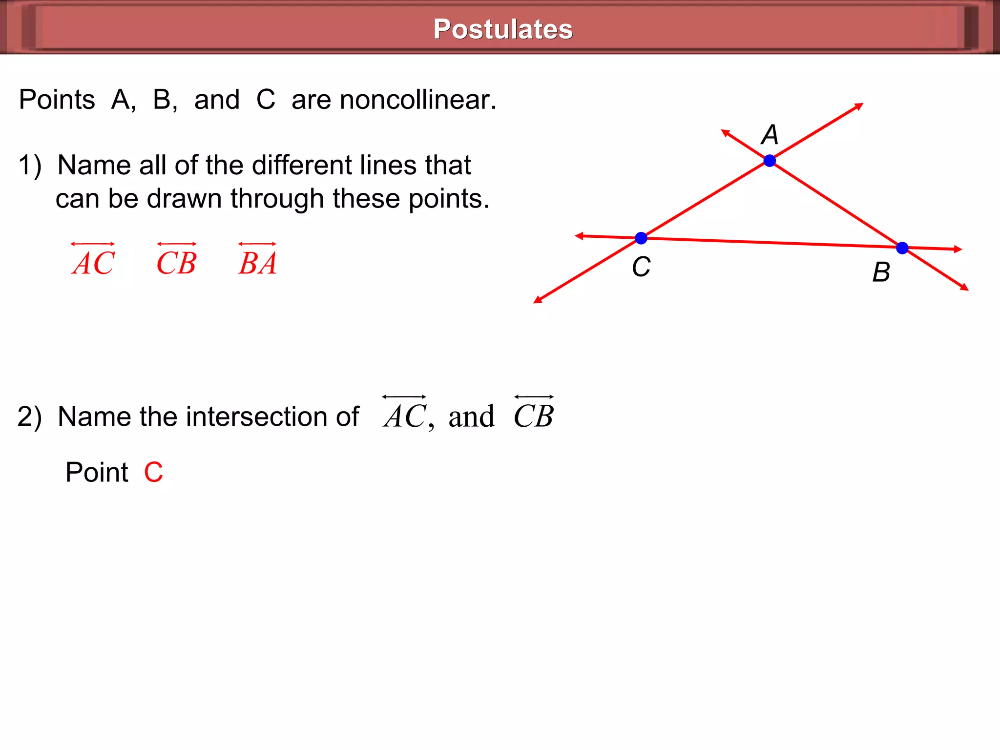 Postulates A B C Points  A,  B,  and  C  are noncollinear.  1)  Name all of the different lines that   can be drawn through these points.  Point  C 2)  Name the intersection of 