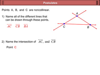 Postulates A B C Points  A,  B,  and  C  are noncollinear.  1)  Name all of the different lines that   can be drawn through these points.  Point  C 2)  Name the intersection of 