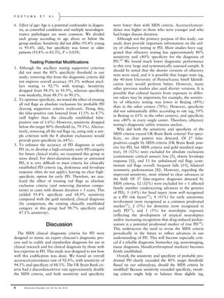 6. Effect of age: Age is a potential confounder in diagno-
sis, as comorbid conditions and multiple neurodegen-
erative pathologies are more common. We divided
each group according to age above or below the
group median. Sensitivity did not differ (93.4% young
vs 95.4% old), but speciﬁcity was lower in older
patients (93.8% vs 83.3%, P = 0.039).
Testing Potential Modiﬁcations
1. Although the ancillary testing supportive criterion
did not meet the 80% speciﬁcity threshold in our
study, removing this from the diagnostic criteria did
not improve overall accuracy (91.3% without ancil-
lary testing vs 92.7% with testing). Sensitivity
dropped from 94.5% to 91.9%, whereas speciﬁcity
rose modestly, from 88.5% to 90.1%.
2. To optimize speciﬁcity, we tested the effect of treating
all red ﬂags as absolute exclusions for probable PD
(leaving supportive criteria irrelevant). Doing this,
the false-positive rate lowered from 11.5% to 4.7%
(still higher than the clinically established false-
positive rate of 1.6%). However, sensitivity dropped
below the target 80% threshold (ie, 79.3%). Alterna-
tively, removing all the red ﬂags (ie, using only a sim-
ple criterion with the 8 absolute exclusions) would
provide poor speciﬁcity (ie, 64%).
3. To enhance the accuracy of PD diagnosis in early
PD (ie, to develop a high-certainty early-PD category
for future clinical trials), we examined this group in
more detail. For short-duration disease or untreated
PD, it is very difﬁcult to meet criteria for clinically
established PD criteria (eg, dyskinesia and levodopa
response often do not apply), leaving no clear high-
speciﬁcity option for early PD. Therefore, we ana-
lyzed the effect of treating red ﬂags as absolute
exclusion criteria (and removing duration compo-
nents) in cases with disease duration < 5 years. This
yielded 95.4% speciﬁcity and 68.9% sensitivity
compared with the gold standard, clinical diagnosis
(by comparison, the existing clinically established
category in this group had 98.7% speciﬁcity and
47.1% sensitivity).
Discussion
The MDS clinical diagnostic criteria for PD were
designed to mimic an expert clinician’s diagnostic pro-
cess and to codify and standardize diagnosis for use in
clinical research and for clinical diagnosis by those with
less expertise in PD. This study was designed to test how
well this codiﬁcation was done. We found an overall
accuracy/concordance rate of 92.4%, with sensitivity of
94.5% and speciﬁcity of 88.5%. The UK Brain Bank cri-
teria had a discordance/error rate approximately double
the MDS criteria, and both sensitivity and speciﬁcity
were lower than with MDS criteria. Accuracy/concor-
dance was higher in those who were younger and who
had longer disease duration.
Although not the primary purpose of this study, our
study does provide important information on the util-
ity of olfactory testing in PD. Most studies have sug-
gested that olfactory testing has approximately 80%
sensitivity and >80% speciﬁcity for the diagnosis of
PD.10
We found much lower diagnostic performance
in this very large and systematically assessed sample. It
should be noted that the shorter versions of olfactory
tests were used, and it is possible that longer tests (eg,
the 40-item University of Pennsylvania Smell Identiﬁ-
cation test) would perform better. However, many
other previous studies also used shorter versions. It is
possible that cultural factors from exposure to differ-
ent odors may be important; for example, the sensitiv-
ity of olfactory testing was lower in Beijing (49%)
than in the other centers (70%). However, speciﬁcity
did not substantially differ according to site (eg, 59%
in Beijing vs 65% in the other centers), and speciﬁcity
was <80% in every single center. Therefore, olfactory
testing’s diagnostic utility remains unclear.
Why did both the sensitivity and speciﬁcity of the
MDS criteria exceed UK Brain Bank criteria? For speci-
ﬁcity, no clear pattern was detected. Of 27 false-
positives caught by MDS criteria (UK Brain Bank posi-
tive for PD, but MDS criteria and gold standard nega-
tive), 14 (52%) were excluded for absolute exclusions
(commonest: cortical sensory loss [5], absent levodopa
response [5]), and 13 for unbalanced red ﬂags (com-
monest red ﬂags overall: frequent falls [15], bilateral
symmetric parkinsonism [8]). However, regarding the
improved sensitivity, most related to clear advances in
the ﬁeld. Of 37 false-negative diagnoses detected by
MDS criteria, 12 (32%) were excluded for > 1 affected
family member (underscoring advances in the genetics
of PD), 5 (14%) for head injury (now well recognized
as a PD risk factor11
), 4 (11%) for early autonomic
involvement (now recognized as a common prodromal
marker12
), 2 (5%) for dementia (now recognized in
early PD13
), and 1 (3%) for neuroleptic exposure
(reﬂecting the development of atypical neuroleptics
and/or increasing recognition that drug-induced parkin-
sonism is a potential prodromal marker of true PD14
).
This underscores the need to revise the MDS criteria
periodically in the future to reﬂect advances in our
understanding of PD. This will become especially criti-
cal if a reliable diagnostic biomarker (eg, neuroimaging,
tissue diagnosis, blood/cerebrospinal markers) becomes
ﬁrmly established.
Overall, the sensitivity and speciﬁcity of probable pro-
dromal PD clearly exceeded the 80% target threshold.
Based on our subanalysis, should the MDS criteria be
modiﬁed? Because sensitivity exceeded speciﬁcity, tweak-
ing criteria might help to balance these slightly (eg,
6 Movement Disorders, Vol. 00, No. 00, 2018
P O S T U M A E T A L
 