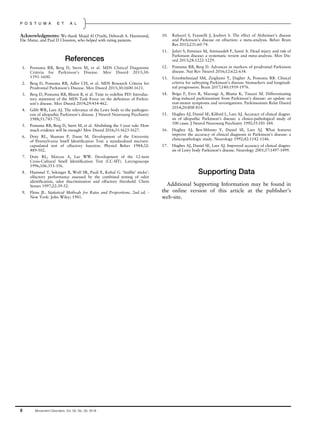 Acknowledgments: We thank Majid Al O’taibi, Deborah A. Hammond,
Elie Matar, and Paul D Clouston, who helped with rating patients.
References
1. Postuma RB, Berg D, Stern M, et al. MDS Clinical Diagnostic
Criteria for Parkinson’s Disease. Mov Disord 2015;30:
1591-1600.
2. Berg D, Postuma RB, Adler CH, et al. MDS Research Criteria for
Prodromal Parkinson’s Disease. Mov Disord 2015;30:1600-1611.
3. Berg D, Postuma RB, Bloem B, et al. Time to redeﬁne PD? Introduc-
tory statement of the MDS Task Force on the deﬁnition of Parkin-
son’s disease. Mov Disord 2014;29:454-462.
4. Gibb WR, Lees AJ. The relevance of the Lewy body to the pathogen-
esis of idiopathic Parkinson’s disease. J Neurol Neurosurg Psychiatry
1988;51:745-752.
5. Postuma RB, Berg D, Stern M, et al. Abolishing the 1-year rule: How
much evidence will be enough? Mov Disord 2016;31:1623-1627.
6. Doty RL, Shaman P, Dann M. Development of the University
of Pennsylvania Smell Identiﬁcation Test: a standardized microen-
capsulated test of olfactory function. Physiol Behav 1984;32:
489-502.
7. Doty RL, Marcus A, Lee WW. Development of the 12-item
Cross-Cultural Smell Identiﬁcation Test (CC-SIT). Laryngoscope
1996;106:353-356.
8. Hummel T, Sekinger B, Wolf SR, Pauli E, Kobal G. ‘Snifﬁn’ sticks’:
olfactory performance assessed by the combined testing of odor
identiﬁcation, odor discrimination and olfactory threshold. Chem
Senses 1997;22:39-52.
9. Fleiss JL. Statistical Methods for Rates and Proportions. 2nd ed. -
New York: John Wiley; 1981.
10. Rahayel S, Frasnelli J, Joubert S. The effect of Alzheimer’s disease
and Parkinson’s disease on olfaction: a meta-analysis. Behav Brain
Res 2012;231:60-74.
11. Jafari S, Etminan M, Aminzadeh F, Samii A. Head injury and risk of
Parkinson disease: a systematic review and meta-analysis. Mov Dis-
ord 2013;28:1222-1229.
12. Postuma RB, Berg D. Advances in markers of prodromal Parkinson
disease. Nat Rev Neurol 2016;12:622-634.
13. Fereshtehnejad SM, Zeighami Y, Dagher A, Postuma RB. Clinical
criteria for subtyping Parkinson’s disease: biomarkers and longitudi-
nal progression. Brain 2017;140:1959-1976.
14. Brigo F, Erro R, Marangi A, Bhatia K, Tinazzi M. Differentiating
drug-induced parkinsonism from Parkinson’s disease: an update on
non-motor symptoms and investigations. Parkinsonism Relat Disord
2014;20:808-814.
15. Hughes AJ, Daniel SE, Kilford L, Lees AJ. Accuracy of clinical diagno-
sis of idiopathic Parkinson’s disease: a clinico-pathological study of
100 cases. J Neurol Neurosurg Psychiatry 1992;55:181-184.
16. Hughes AJ, Ben-Shlomo Y, Daniel SE, Lees AJ. What features
improve the accuracy of clinical diagnosis in Parkinson’s disease: a
clinicopathologic study. Neurology 1992;42:1142-1146.
17. Hughes AJ, Daniel SE, Lees AJ. Improved accuracy of clinical diagno-
sis of Lewy body Parkinson’s disease. Neurology 2001;57:1497-1499.
Supporting Data
Additional Supporting Information may be found in
the online version of this article at the publisher’s
web-site.
8 Movement Disorders, Vol. 00, No. 00, 2018
P O S T U M A E T A L
 