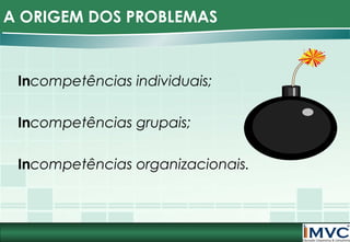 A ORIGEM DOS PROBLEMAS

Incompetências individuais;
Incompetências grupais;
Incompetências organizacionais.

 