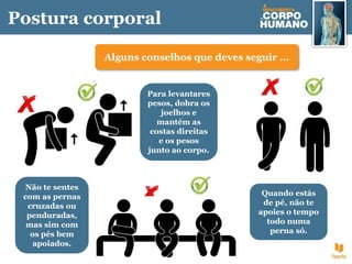 Postura corporal
Alguns conselhos que deves seguir ...
Quando estás
de pé, não te
apoies o tempo
todo numa
perna só.
Não te sentes
com as pernas
cruzadas ou
penduradas,
mas sim com
os pés bem
apoiados.
Para levantares
pesos, dobra os
joelhos e
mantém as
costas direitas
e os pesos
junto ao corpo.
 