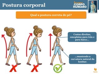 Postura corporal
Qual a postura correta de pé?
Costas direitas,
omoplatas para trás e
para baixo...
...mantendo a
curvatura natural da
lombar.
 