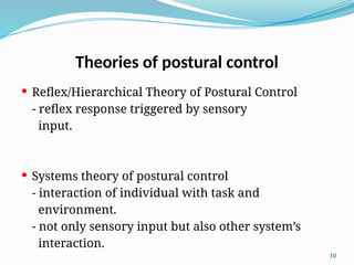 10
 Reflex/Hierarchical Theory of Postural Control
- reflex response triggered by sensory
input.
 Systems theory of postural control
- interaction of individual with task and
environment.
- not only sensory input but also other system’s
interaction.
Theories of postural control
 