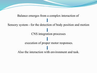 Balance emerges from a complex interaction of
Sensory system - for the detection of body position and motion
CNS integration processes
execution of proper motor responses.
Also the interaction with environment and task.
 