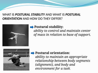 Postural stability:
ability to control and maintain center
of mass in relation to base of support.
WHAT IS POSTURAL STABILITY AND WHAT IS POSTURAL
ORIENTATION AND HOW DO THEY DIFFER?
Postural orientation:
ability to maintain an appropriate
relationship between body segments
(alignment), and body and
environment for a task.
 