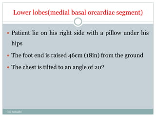 Lower lobes(medial basal orcardiac segment)
G K Subudhi
 Patient lie on his right side with a pillow under his
hips
 The foot end is raised 46cm (18in) from the ground
 The chest is tilted to an angle of 20º
 