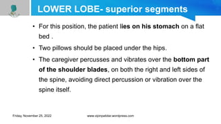 LOWER LOBE- superior segments
• For this position, the patient lies on his stomach on a flat
bed .
• Two pillows should be placed under the hips.
• The caregiver percusses and vibrates over the bottom part
of the shoulder blades, on both the right and left sides of
the spine, avoiding direct percussion or vibration over the
spine itself.
Friday, November 25, 2022 www.vipinpatidar.wordpress.com
 