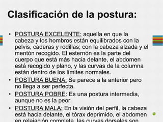 • POSTURA EXCELENTE: aquella en que la
cabeza y los hombros están equilibrados con la
pelvis, caderas y rodillas; con la cabeza alzada y el
mentón recogido. El esternón es la parte del
cuerpo que está más hacia delante, el abdomen
está recogido y plano, y las curvas de la columna
están dentro de los límites normales.
• POSTURA BUENA: Se parece a la anterior pero
no llega a ser perfecta.
• POSTURA POBRE: Es una postura intermedia,
aunque no es la peor.
• POSTURA MALA: En la visión del perfil, la cabeza
está hacia delante, el tórax deprimido, el abdomen
Clasificación de la postura:
 