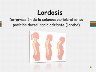 Lordosis
Deformación de la columna vertebral en su
posición dorsal hacia adelante (joroba)
 