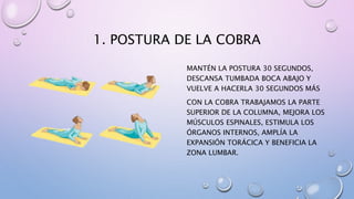 1. POSTURA DE LA COBRA
MANTÉN LA POSTURA 30 SEGUNDOS,
DESCANSA TUMBADA BOCA ABAJO Y
VUELVE A HACERLA 30 SEGUNDOS MÁS
CON LA COBRA TRABAJAMOS LA PARTE
SUPERIOR DE LA COLUMNA, MEJORA LOS
MÚSCULOS ESPINALES, ESTIMULA LOS
ÓRGANOS INTERNOS, AMPLÍA LA
EXPANSIÓN TORÁCICA Y BENEFICIA LA
ZONA LUMBAR.
 