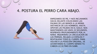 4. POSTURA EL PERRO CARA ABAJO.
EMPEZAMOS DE PIE, Y NOS INCLINAMOS
HACIA DELANTE COLOCANDO LAS
PALMAS DE LAS MANOS A LA MISMA
DISTANCIA DE LOS HOMBROS, HASTA
APOYAR LAS PALMAS EN EL SUELO. NOS
MANTENEMOS ASÍ UNOS 20 SEGUNDOS,
RESPIRADO PROFUNDAMENTE POR LA
NARIZ. MEJORARÁS LA CIRCULACIÓN DE
LAS PIERNAS, RELAJAS LA ESPALDA Y
REVITALIZAS TODO EL CUERPO. PARA
VOLVER A LA POSICIÓN ORIGINAL, VE
LEVANTANDO EL CUERPO SIENDO TU
CABEZA LO ÚLTIMO EN SUBIR.
 