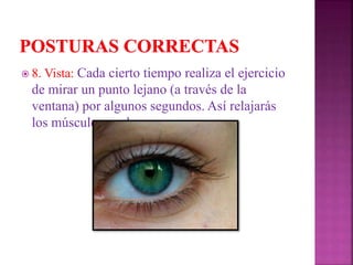  8. Vista: Cada cierto tiempo realiza el ejercicio
de mirar un punto lejano (a través de la
ventana) por algunos segundos. Así relajarás
los músculos oculares.
 