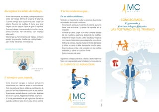 Y le recordamos que...
En su vida cotidiana...
También es importante cuidar su postura durante las
actividades de la vida cotidiana:
· Al conducir acerque el asiento al volante, para no
tener que estirarse, y apoye la espalda en el
respaldo.
· Al hacer la cama, coger a un niño o limpiar debajo
de los muebles, agáchese doblando las rodillas.
· Al barrer o fregar el suelo, utilice escobas y fregonas
con mando telescópico para adaptarlos a su altura.
· Al llevar la compra, reparta el peso entre los dos brazos
y utilice un carro si debe transportar mucho peso.
· Duerma boca arriba o de costado con las rodillas
dobladas, y sobre un colchón firme.
· Evite el exceso de peso.
Siga estos consejos prácticos a diario y realice ejercicio
físico con regularidad para fortalecer la musculatura:
SU CUERPO SE LO AGRADECERÁ
Al emplear los útiles de trabajo...
· Antes de empezar a trabajar, coloque todos los
útiles de trabajo dentro de su zona de alcance.
· Cuando tenga que agacharse para coger un
objeto flexione las rodillas. Si tiene que girar
hágalo con los pies en lugar de girar la espalda.
· Procure trabajar manteniendo la muñeca recta,
seleccionando herramientas con mango
adecuado.
· Mantenga las herramientas de trabajo en buen
estado: engrasadas, bordes de corte afilados...,
para evitar esfuerzos innecesarios.
Y siempre que pueda...
· Evite levantar cargas o realizar esfuerzos
importantes sin calentar antes su musculatura.
· Evite las posturas fijas o estáticas, cambiando de
posición tan frecuentemente como le sea posible.
· Sipermanecesentadodurantemuchorato:levántese
de vez en cuando, haga estiramientos o camine.
· Si ha de permanecer de pie: agáchese de vez en
cuando, cambie el peso de un pie a otro o camine.
zona de alcance
óptima
zona de alcance máxima
3203-E
CONOZCAMOS...
Ergonomía y
Psicosociología Aplicada:
LAS POSTURAS EN EL TRABAJO
www.mc-mutual.com
Mutua de Accidentes de Trabajo
y Enfermedades Profesionales
de la Seguridad Social número 1
 