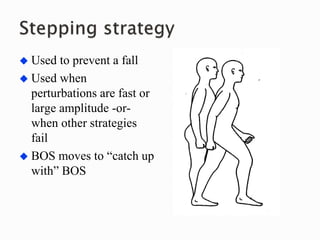  Used to prevent a fall
 Used when
perturbations are fast or
large amplitude -or-
when other strategies
fail
 BOS moves to “catch up
with” BOS
 
