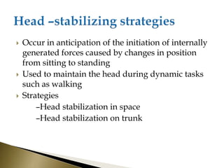  Occur in anticipation of the initiation of internally
generated forces caused by changes in position
from sitting to standing
 Used to maintain the head during dynamic tasks
such as walking
 Strategies
–Head stabilization in space
–Head stabilization on trunk
 