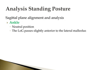 Sagittal plane alignment and analysis
 Ankle
◦ Neutral position
◦ The LoG passes slightly anterior to the lateral malleolus
 