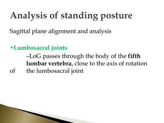 Sagittal plane alignment and analysis
•Lumbosacral joints
–LoG passes through the body of the fifth
lumbar vertebra, close to the axis of rotation
of the lumbosacral joint
 
