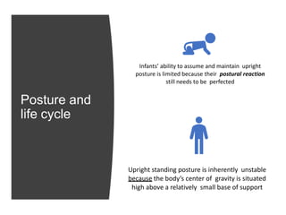 Posture and
life cycle
Infants’ ability to assume and maintain upright
posture is limited because their postural reaction
still needs to be perfected
Upright standing posture is inherently unstable
because the body’s center of gravity is situated
high above a relatively small base of support
 