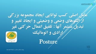‫ب‬ ‫مجموعه‬ ‫ایجاد‬ ‫توانایی‬ ‫کسب‬ ‫اصلی‬ ‫عامل‬‫زرگی‬
‫تغی‬ ‫ایجاد‬ ‫و‬ ‫وضعیتی‬ ‫و‬ ‫وضعی‬ ‫الگوهای‬ ‫از‬‫و‬ ‫یر‬
‫آنها‬ ‫مستمر‬ ‫تبدیل‬:‫حرکت‬ ‫اعمال‬ ‫تلفیق‬‫غیر‬ ‫ی‬
‫اتوماتیک‬ ‫و‬ ‫ارادی‬
Posture
‫پیشیاره‬‫ادراکی‬ ‫رویکرد‬-‫مغزی‬ ‫فلج‬ ‫کودکان‬ ‫در‬ ‫حرکتی‬
10
 