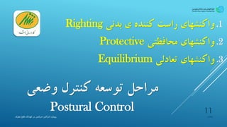 ‫وضعی‬ ‫کنترل‬ ‫توسعه‬ ‫مراحل‬
Postural Control
.1‫واکنشهای‬‫راست‬‫کننده‬‫ی‬‫بدنی‬Righting
.2‫واکنشهای‬‫محافظتی‬Protective
.3‫واکنشهای‬‫تعادلی‬Equilibrium
‫پیشیاره‬
11
‫ادراکی‬ ‫رویکرد‬-‫مغزی‬ ‫فلج‬ ‫کودکان‬ ‫در‬ ‫حرکتی‬
 