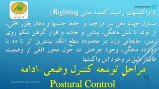 ‫وضعی‬ ‫کنترل‬ ‫توسعه‬ ‫مراحل‬-‫ادامه‬
Postural Control
.1‫واکنشهای‬‫راست‬‫کننده‬‫بدنی‬Righting:
‫مسئول‬‫جهت‬‫دهی‬‫سر‬‫در‬‫فضا‬‫و‬‫حفظ‬‫چشمها‬‫و‬‫دهان‬‫بطور‬‫افقی‬،
‫از‬‫تولد‬‫تا‬‫شش‬،‫ماهگی‬‫بینایی‬‫و‬‫جاذبه‬‫و‬‫قرار‬‫گرفتن‬‫شک‬‫م‬‫روی‬
،‫زمین‬‫جابجایی‬‫وزن‬‫در‬‫محدوده‬‫سطح‬،‫اتکا‬‫بیشترین‬‫اثر‬‫تا‬‫ده‬‫یا‬
‫دوازده‬،‫ماهگی‬‫وجود‬‫چرخش‬‫تنه‬‫حول‬‫محور‬‫افقی‬‫از‬‫وضعیت‬
‫طاقباز‬‫دلیل‬‫بر‬‫وجود‬‫این‬‫واکنشها‬
‫پیشیاره‬
12
‫ادراکی‬ ‫رویکرد‬-‫مغزی‬ ‫فلج‬ ‫کودکان‬ ‫در‬ ‫حرکتی‬
 