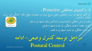 ‫وضعی‬ ‫کنترل‬ ‫توسعه‬ ‫مراحل‬-‫ادامه‬
Postural Control
.2‫واکنشهای‬‫محافظتی‬Protective:
‫حرکات‬‫اندامها‬‫در‬‫برابر‬‫جابجایی‬‫خیلی‬‫سریع‬‫وزن‬‫در‬‫محدوده‬‫سطح‬،‫اتکا‬‫آمادگی‬‫فرد‬‫ب‬‫رای‬
‫افتادن‬‫یا‬،‫گرفتن‬
‫الف‬:‫در‬‫شش‬،‫ماهگی‬‫اکستانسیون‬‫و‬‫ابداکشن‬،‫پاها‬‫دستها‬‫رو‬‫به‬‫جلو‬
‫ب‬:‫در‬‫هفت‬‫تا‬‫هشت‬،‫ماهگی‬‫باز‬‫شدن‬‫دستها‬‫به‬‫طرفی‬
‫پ‬:‫در‬‫نه‬‫ماهگی‬:‫باز‬‫شدن‬‫دستها‬‫رو‬‫به‬‫عقب‬.
‫پیشیاره‬
17
‫ادراکی‬ ‫رویکرد‬-‫مغزی‬ ‫فلج‬ ‫کودکان‬ ‫در‬ ‫حرکتی‬
 