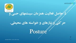 4.‫حسی‬ ‫سیستمهای‬ ‫همزمان‬ ‫فعالیت‬ ‫حاصل‬‫و‬
‫خواسته‬ ‫و‬ ‫نیازهای‬ ‫و‬ ‫حرکتی‬‫های‬‫محیطی‬.
Posture
‫پیشیاره‬‫ادراکی‬ ‫رویکرد‬-‫مغزی‬ ‫فلج‬ ‫کودکان‬ ‫در‬ ‫حرکتی‬
7
 