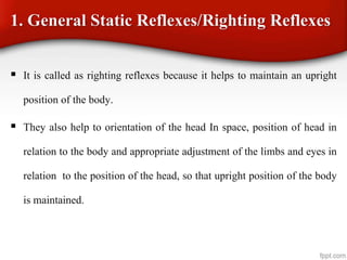 1. General Static Reflexes/Righting Reflexes
 It is called as righting reflexes because it helps to maintain an upright
position of the body.
 They also help to orientation of the head In space, position of head in
relation to the body and appropriate adjustment of the limbs and eyes in
relation to the position of the head, so that upright position of the body
is maintained.
 