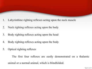 1. Labyrinthine righting reflexes acting upon the neck muscle
2. Neck righting reflexes acting upon the body
3. Body righting reflexes acting upon the head
4. Body righting reflexes acting upon the body
5. Optical righting reflexes
The first four reflexes are easily demonstrated on a thalamic
animal or a normal animal, which is blindfolded.
 