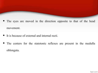  The eyes are moved in the direction opposite to that of the head
movement.
 It is because of external and internal recti.
 The centers for the statotonic reflexes are present in the medulla
oblongata.
 