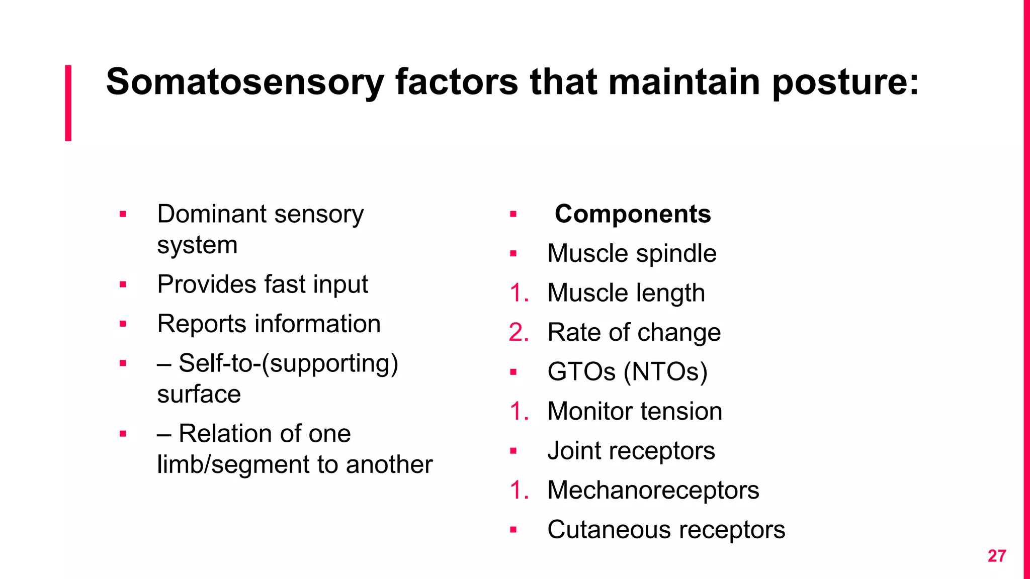 Somatosensory factors that maintain posture:
▪ Dominant sensory
system
▪ Provides fast input
▪ Reports information
▪ – Self-to-(supporting)
surface
▪ – Relation of one
limb/segment to another
▪ Components
▪ Muscle spindle
1. Muscle length
2. Rate of change
▪ GTOs (NTOs)
1. Monitor tension
▪ Joint receptors
1. Mechanoreceptors
▪ Cutaneous receptors
27
 